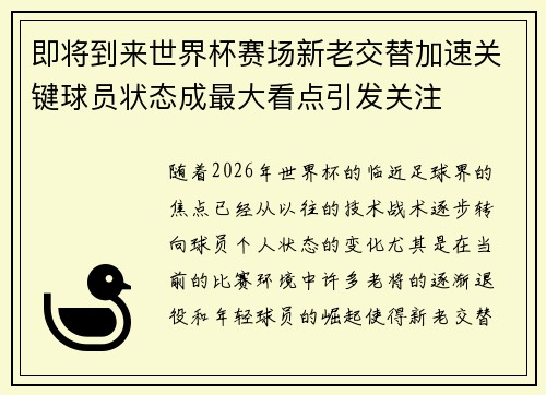 即将到来世界杯赛场新老交替加速关键球员状态成最大看点引发关注 即将到来世界杯赛场新老交替加速关键球员状态成最大看点引发关注
