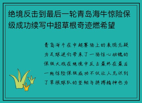 绝境反击到最后一轮青岛海牛惊险保级成功续写中超草根奇迹燃希望 绝境反击到最后一轮青岛海牛惊险保级成功续写中超草根奇迹燃希望